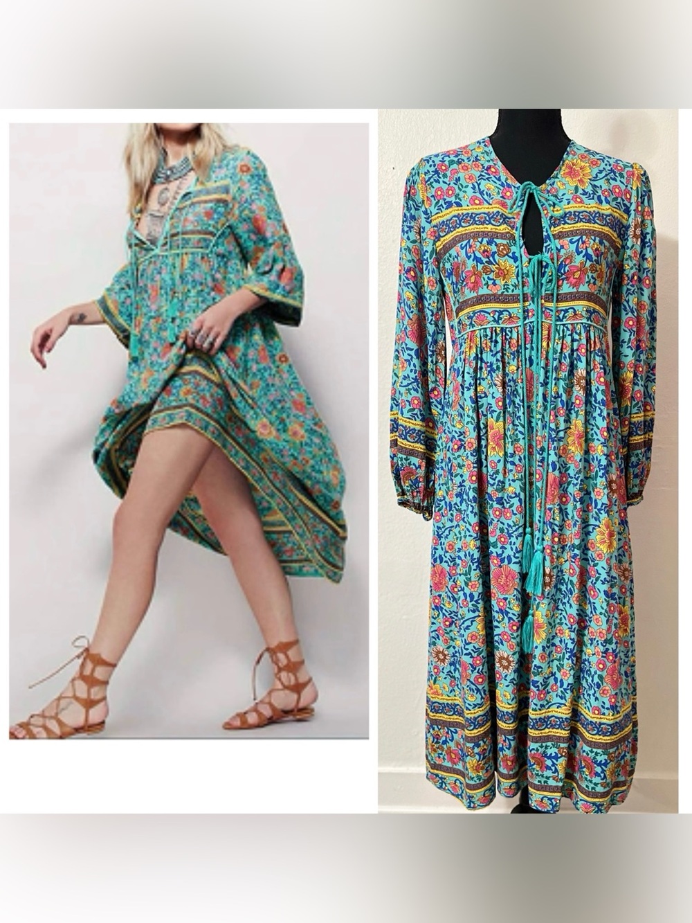 R.Vivimos Women's Long Sleeve Floral Print Bohemian with Tassel Tie
